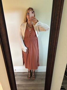 bohme Terracotta Midi Dress with Button V-Neck and Elastic Waist